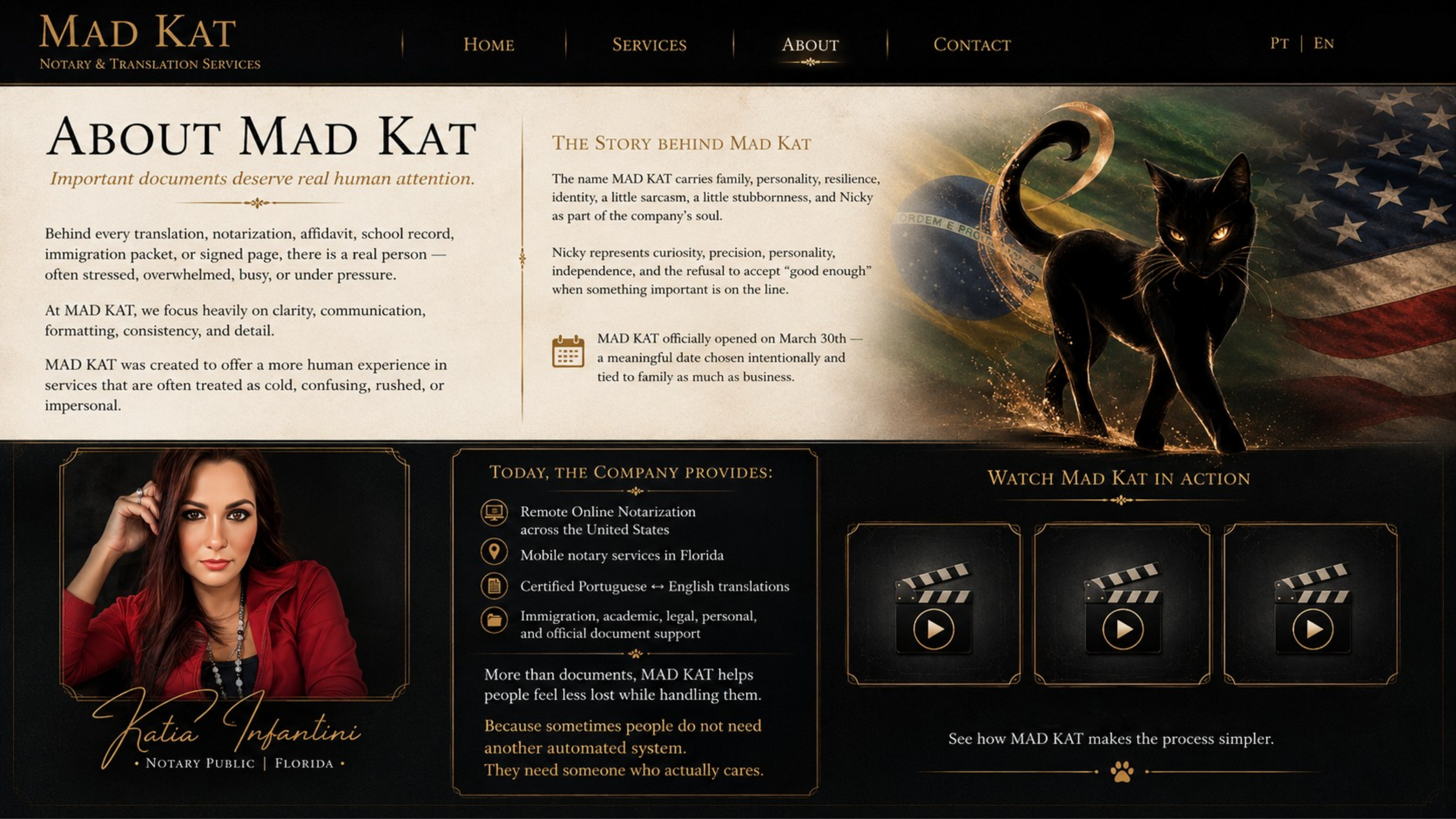 About Mad Kat page with company story, services, and three video ad cards.