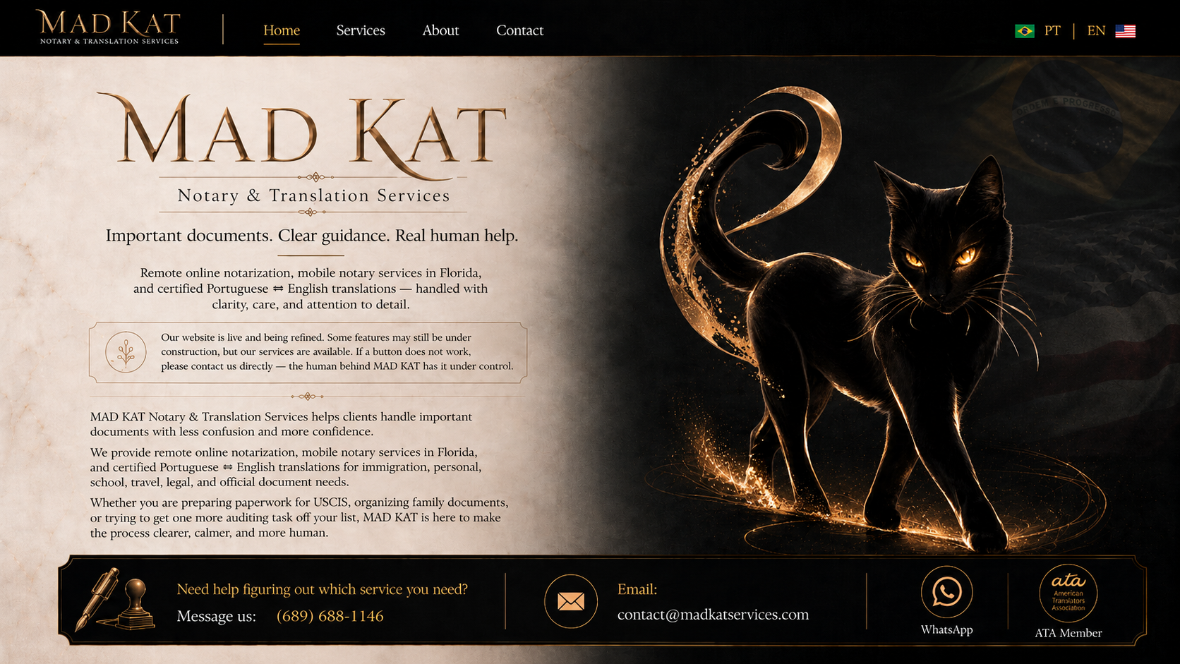 Mad Kat Notary and Translation Services landing page with contact information and Nicky, the black cat logo.