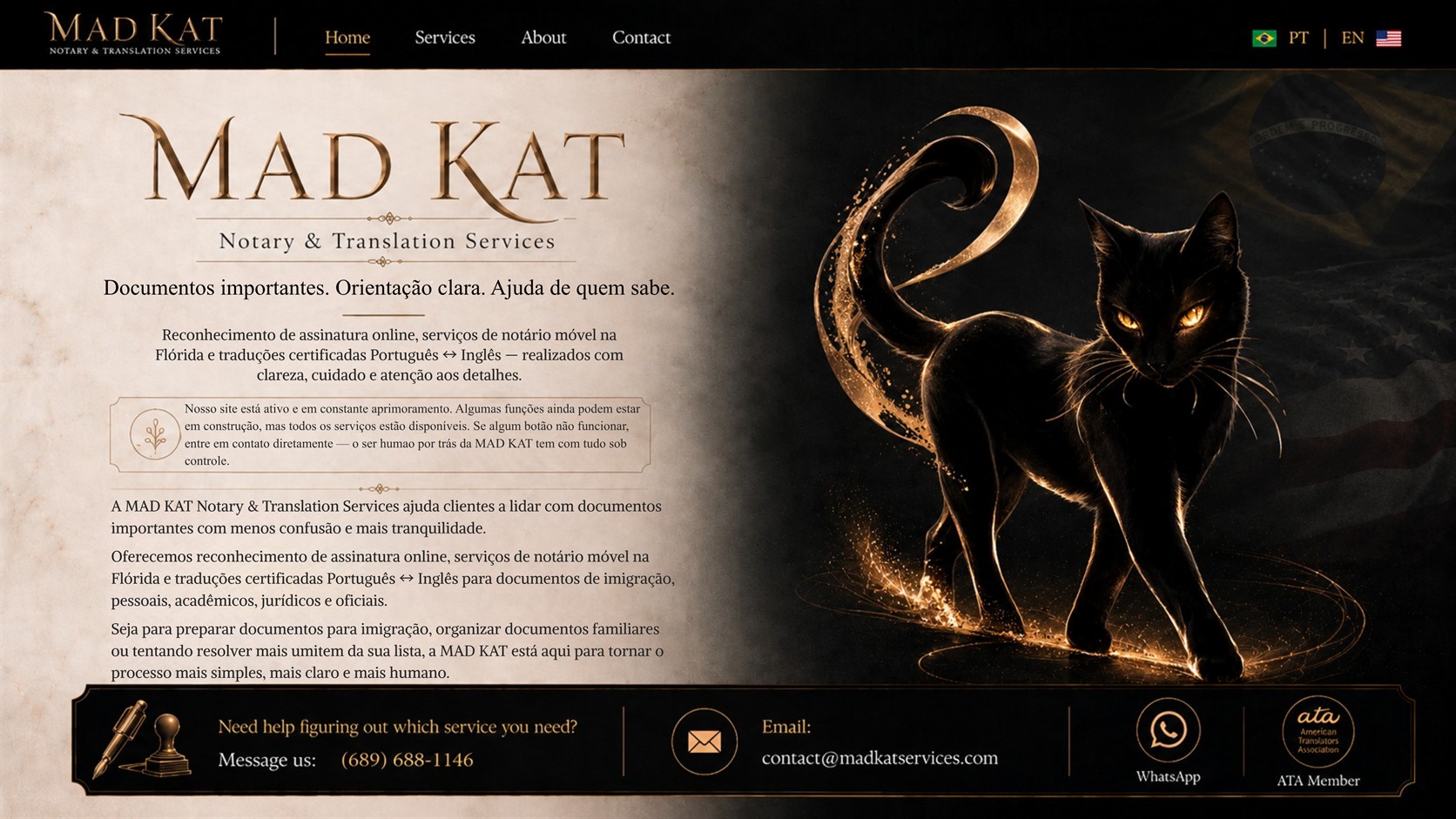 Página em português da MAD KAT Notary and Translation Services com informações de contato e Nicky, o gato preto da marca.