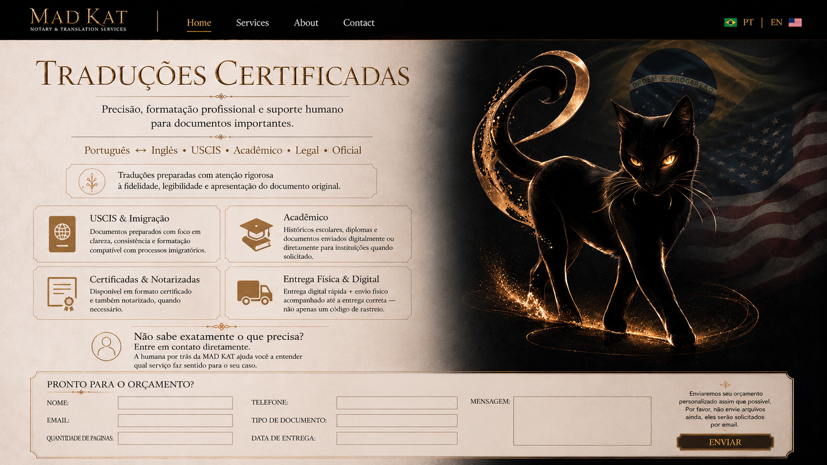 Pagina de traducoes certificadas da MAD KAT com formulario para solicitar orcamento.
