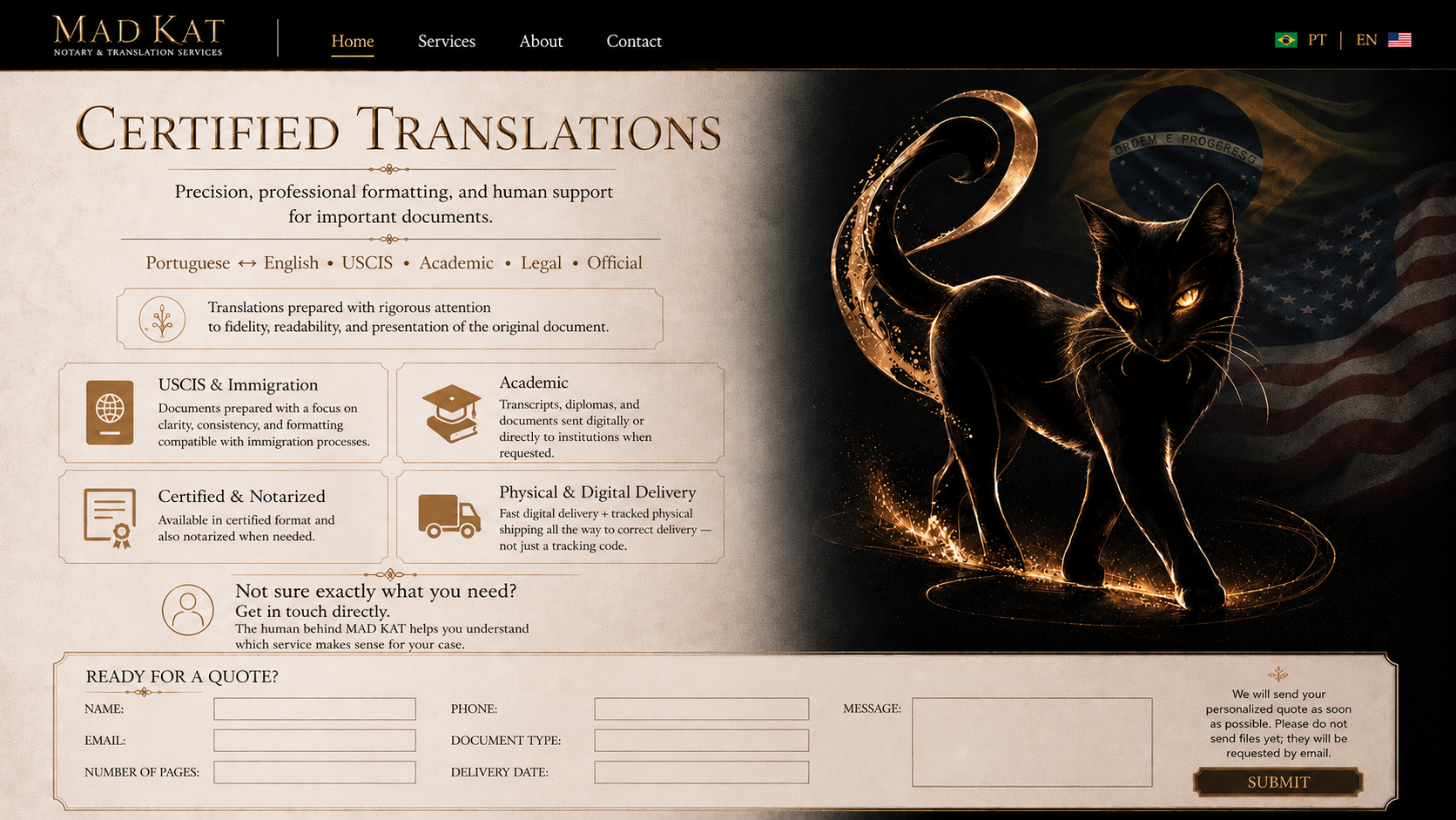 MAD KAT certified translations page with quote request form.